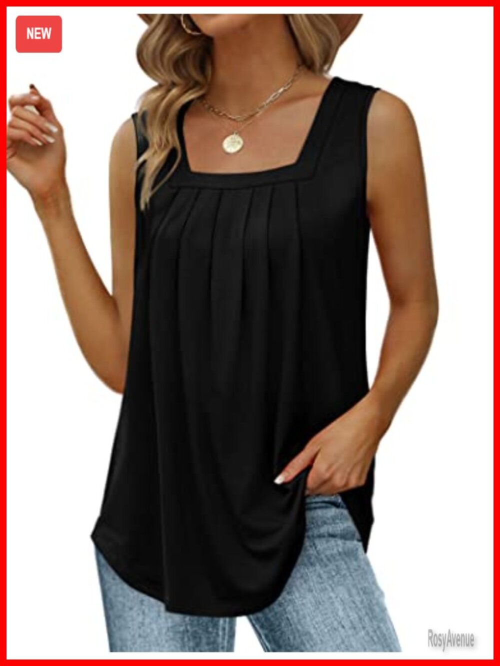 Women's Loose Fit Pleated Square Neck Sleeveless Tank Top Flowy Curved Hem